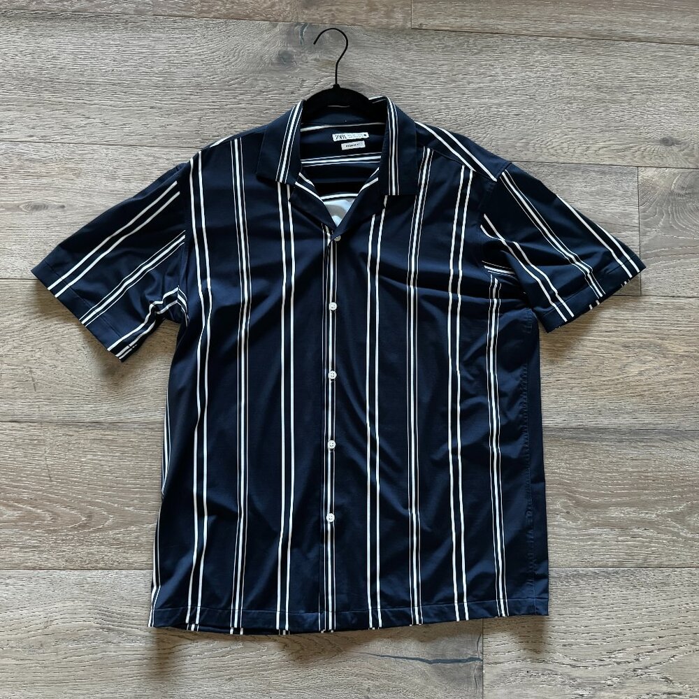 Zara Men's Stripe Stretch Camp Collar Shirt Navy White L Large NWOT *SOLD OUT